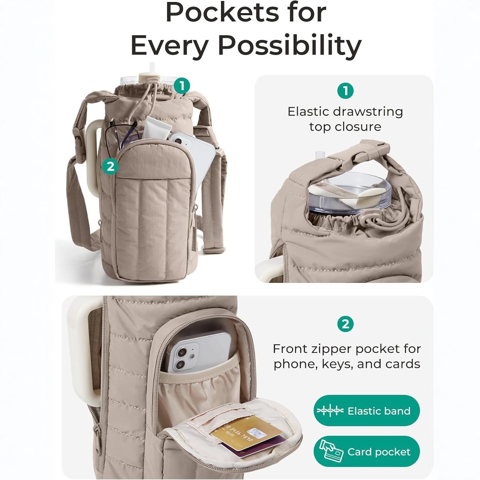 Camel Quilted Water Bottle Carrier Bag with Large Phone Pocket - Insulated view 3