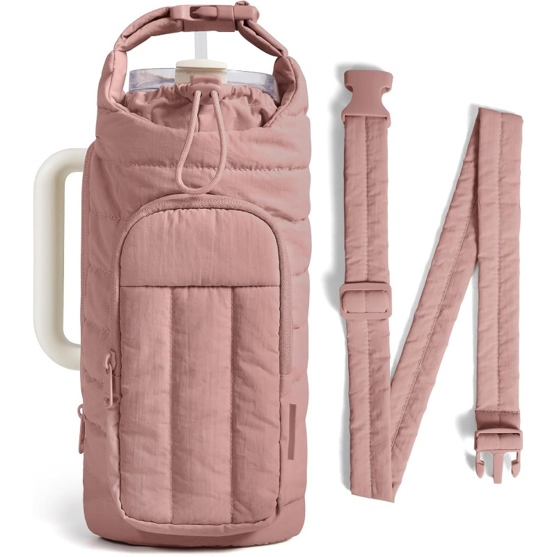 Dark Pink Quilted Water Bottle Carrier Bag with Large Phone Pocket - Insulated