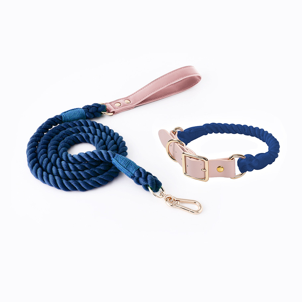 Navy Blue Hand-Woven Rainbow Cotton Rope Dog Leash and Collar Set - Adjustable — image 1
