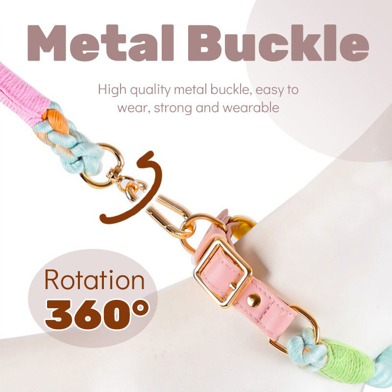 Pink Hand-Woven Rainbow Cotton Rope Dog Leash and Collar Set - Adjustable view 4