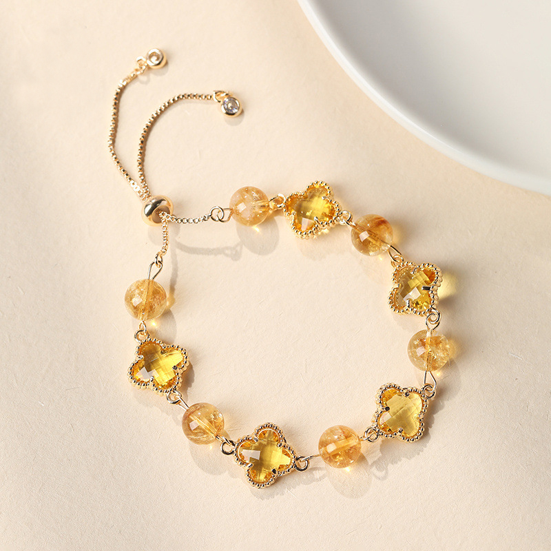 Natural Yellow Crystal Four-Leaf Clover Bracelet - Elegant Adjustable