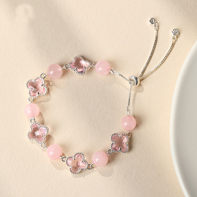 Natural Pink Crystal Four-Leaf Clover Bracelet - Elegant Adjustable