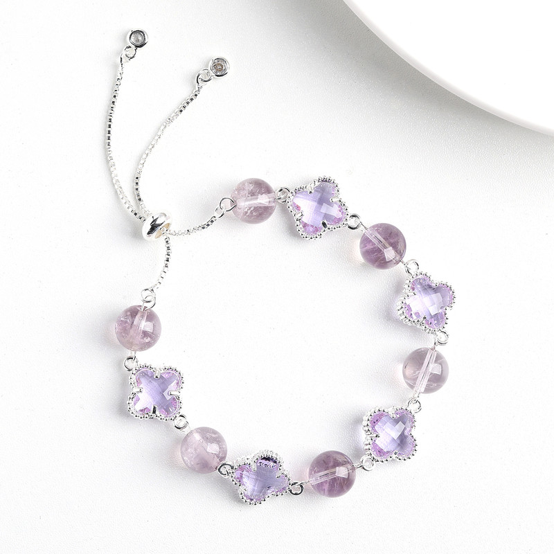Natural Purple Crystal Four-Leaf Clover Bracelet - Elegant Adjustable