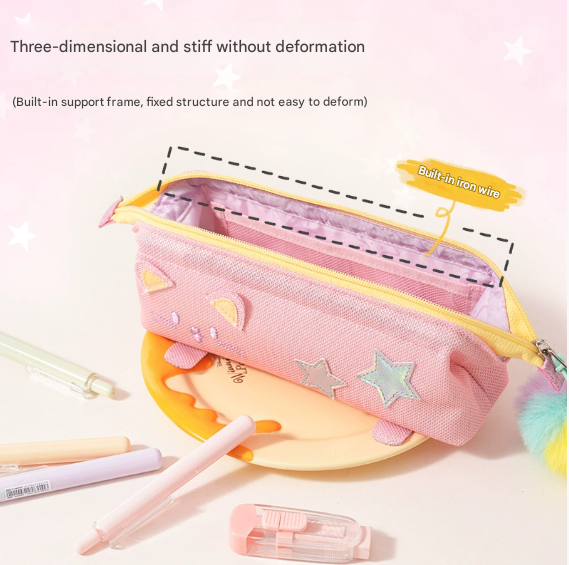 Pink Cute Cat Pencil Case for Girls - Large Capacity Sparkly Stationery Pouch view 3