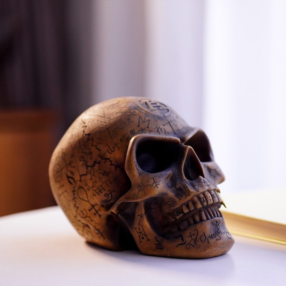 Mystic Runic Skull Statue with Gold Fang - Hand-Painted Resin Figurine for view 2