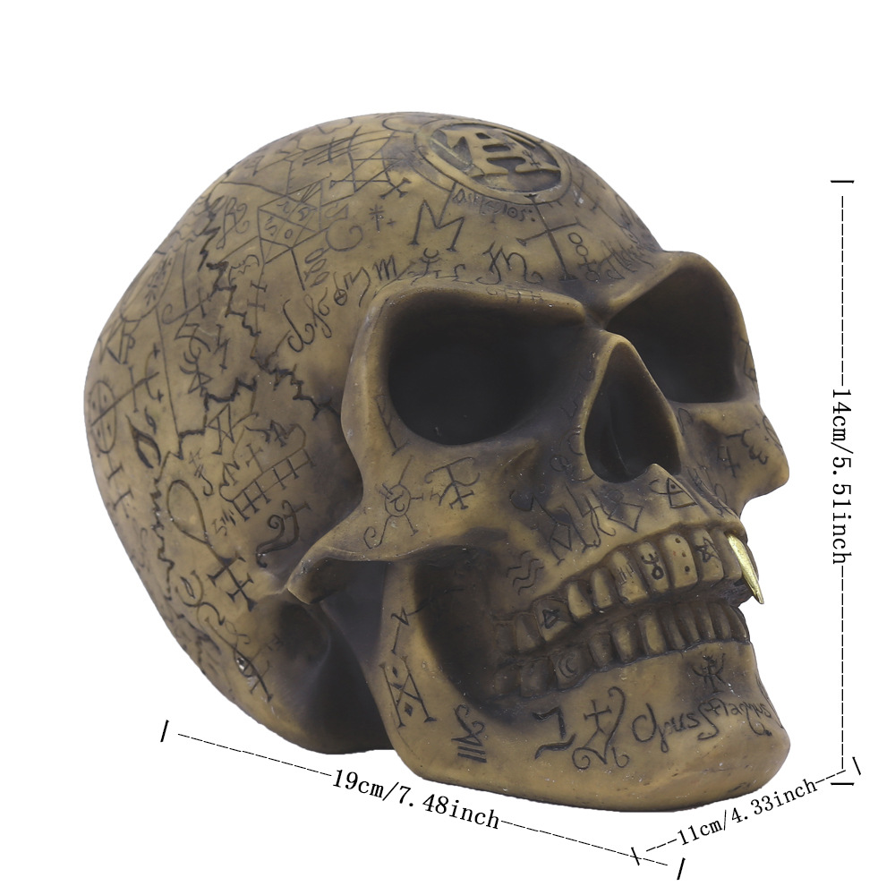 Mystic Runic Skull Statue with Gold Fang - Hand-Painted Resin Figurine for view 4