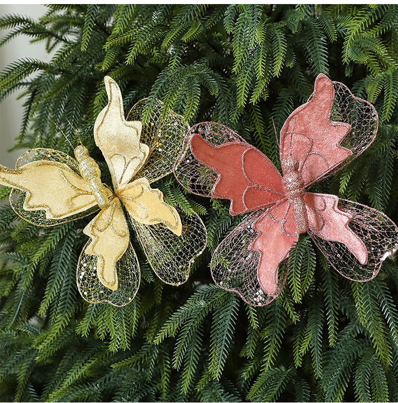 Gold Large Glitter Butterfly Christmas Ornaments (Set of 2) - Clip-On view 2