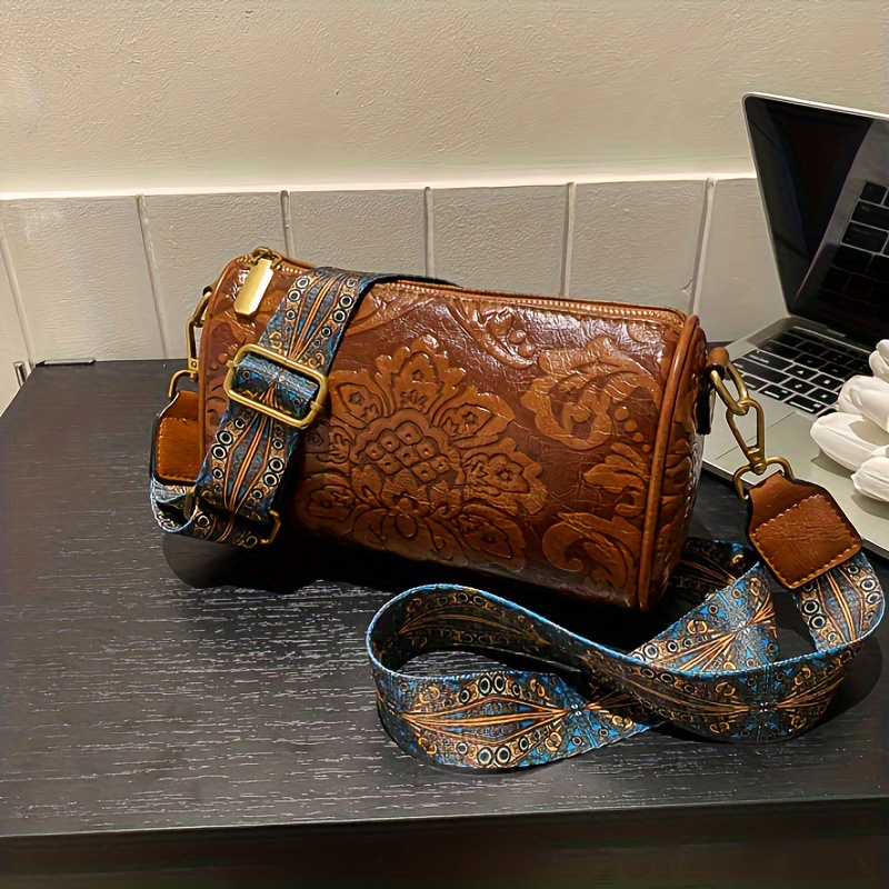 Brown Vintage Embossed Crossbody Barrel Bag with Wide Adjustable Guitar Strap view 2