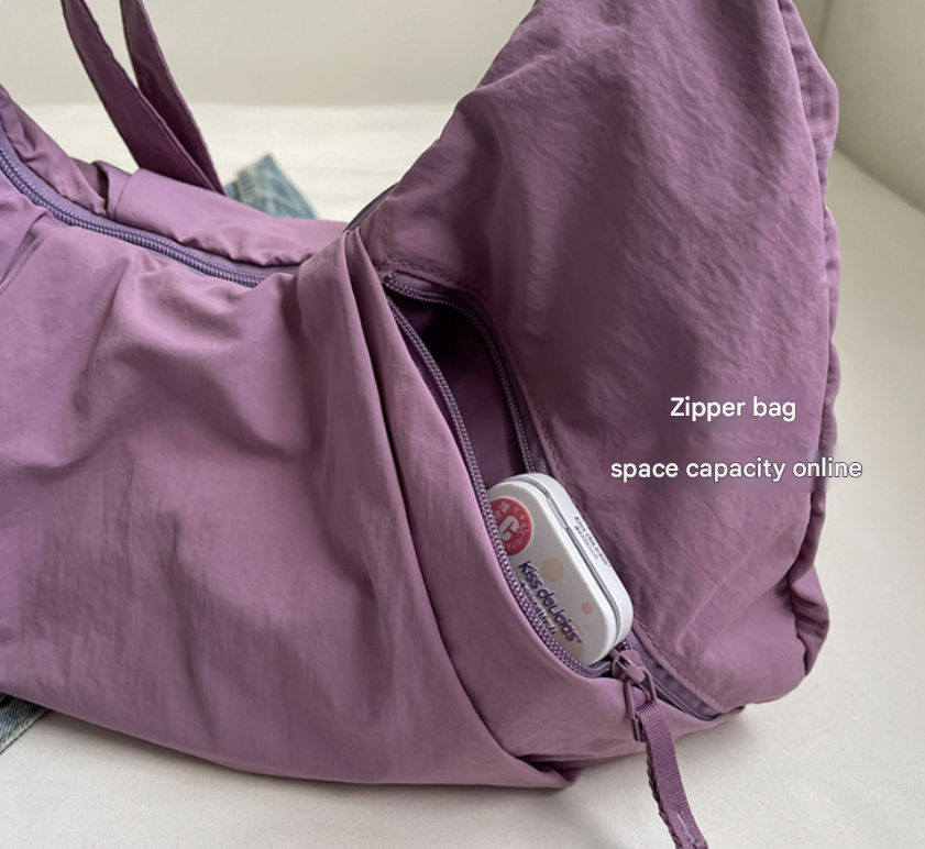 Purple Lightweight Crescent Crossbody Bag - Slouchy Nylon Hobo Purse for view 3