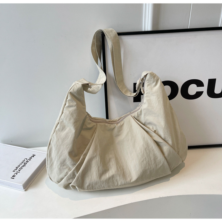 Beige Lightweight Crescent Crossbody Bag - Slouchy Nylon Hobo Purse for Casual
