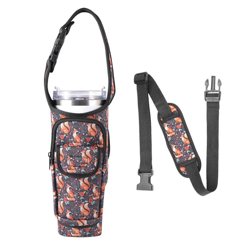 Whimsical Fox Print Insulated Tumbler Carrier Pouch with Adjustable Strap & Pocket