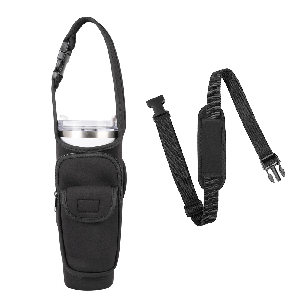 Black Insulated Tumbler Carrier Pouch with Adjustable Strap & Pocket