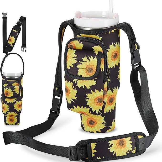 Black-yellow Sunflower White Insulated Tumbler Carrier Pouch with Adjustable