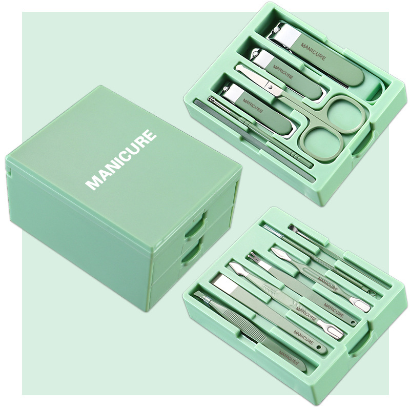 Green Professional 13-Piece Manicure & Pedicure Set - Anti-Splash Carbon Steel