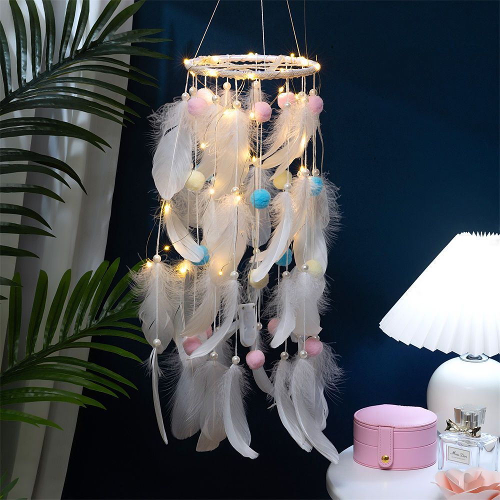 White Boho Pom Pom Feather Dreamcatcher - Whimsical Hanging Mobile for Girls view 2