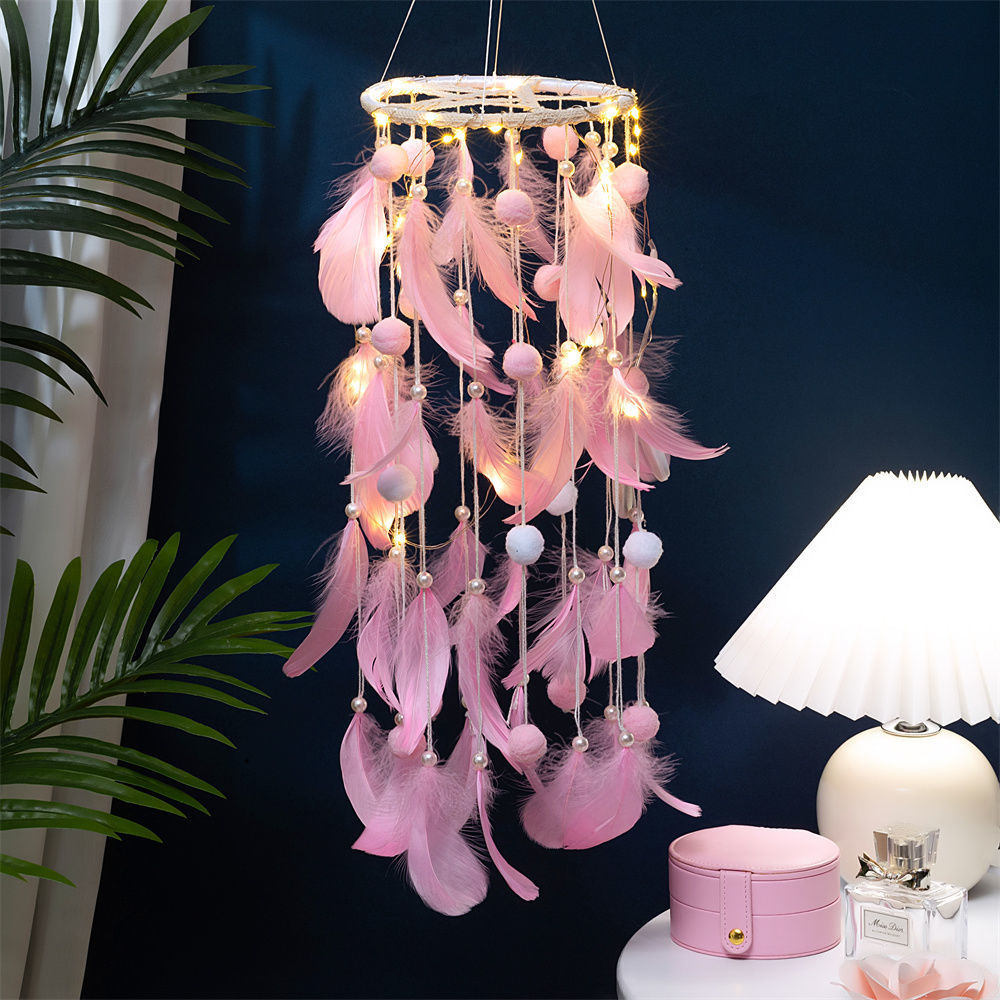 Colorful Boho Pom Pom Feather Dreamcatcher - Whimsical Hanging Mobile for view 3