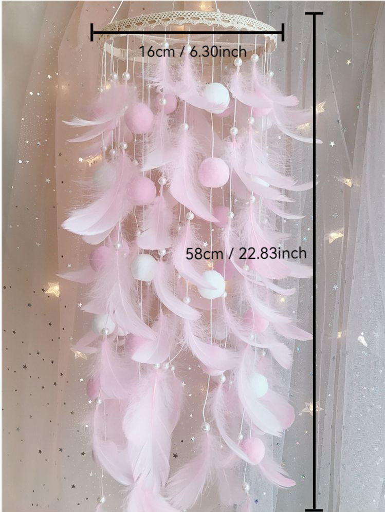 Colorful Boho Pom Pom Feather Dreamcatcher - Whimsical Hanging Mobile for view 4