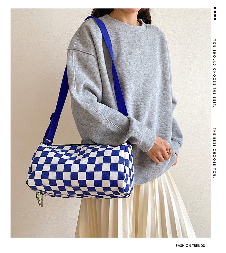 Blue Trendy Checkerboard Boston Bag - Casual Crossbody Shoulder Purse with view 3