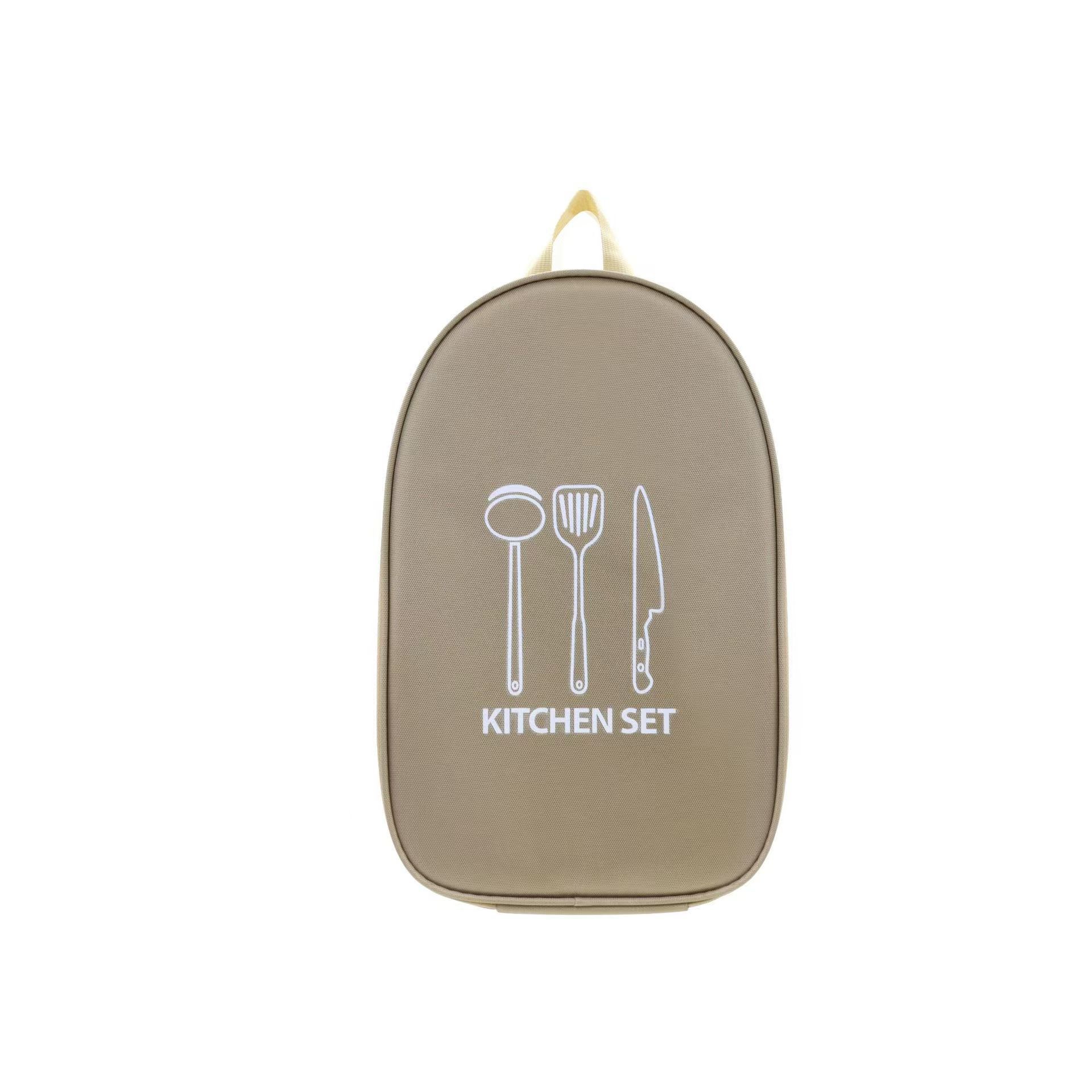 Khaki Portable Camping Kitchen Utensil Organizer - Travel Cookware Storage Bag