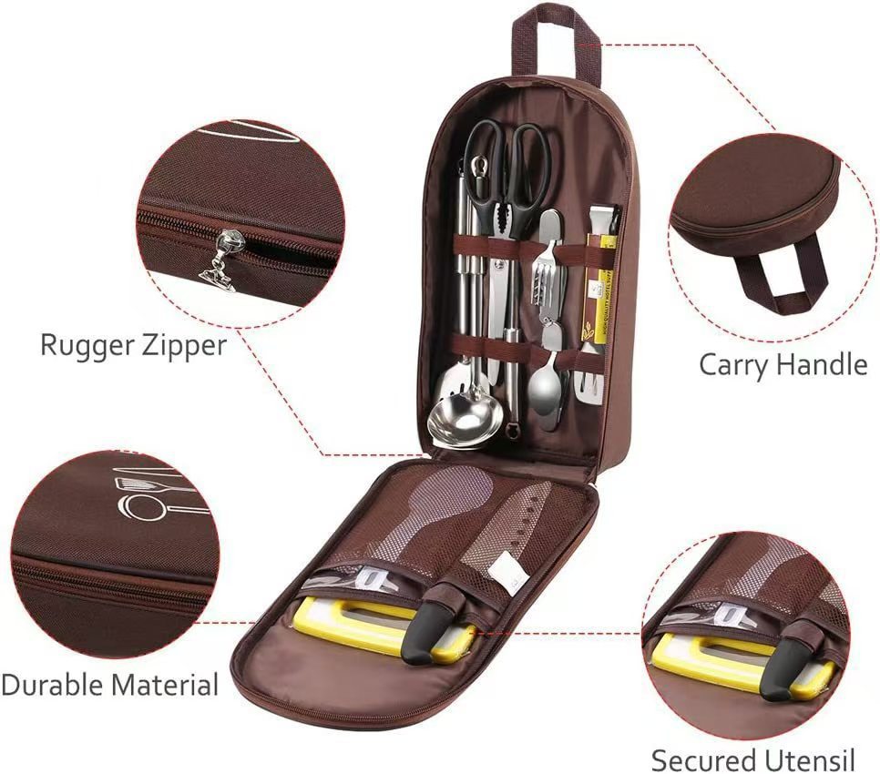 Khaki Portable Camping Kitchen Utensil Organizer - Travel Cookware Storage Bag view 3