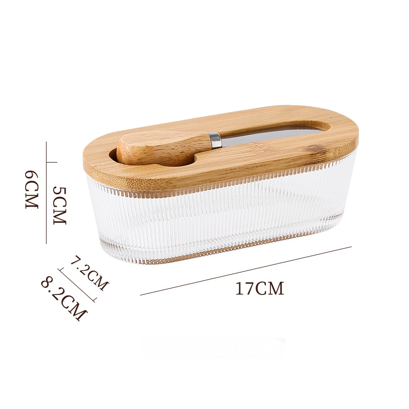 Natural wood color - stripes Elegant Glass Butter Dish with Wooden Lid &