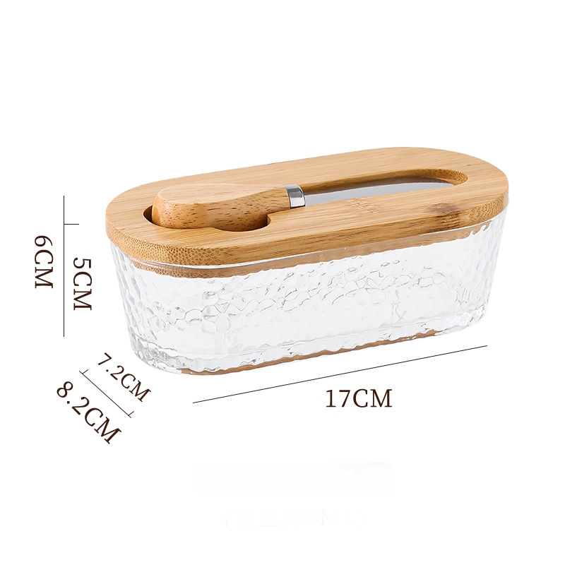 Natural wood color - hammer grain Elegant Glass Butter Dish with Wooden Lid &