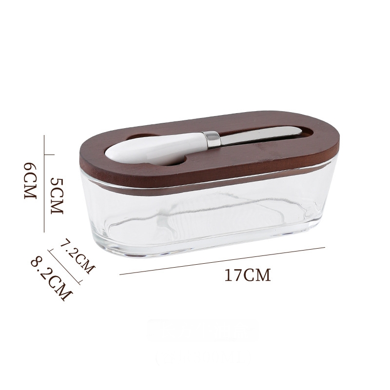 Brown - flat Elegant Glass Butter Dish with Wooden Lid & Matching Spreader