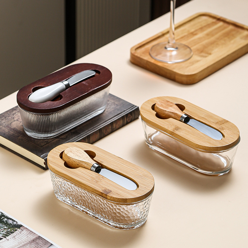 Brown - flat Elegant Glass Butter Dish with Wooden Lid & Matching Spreader view 3