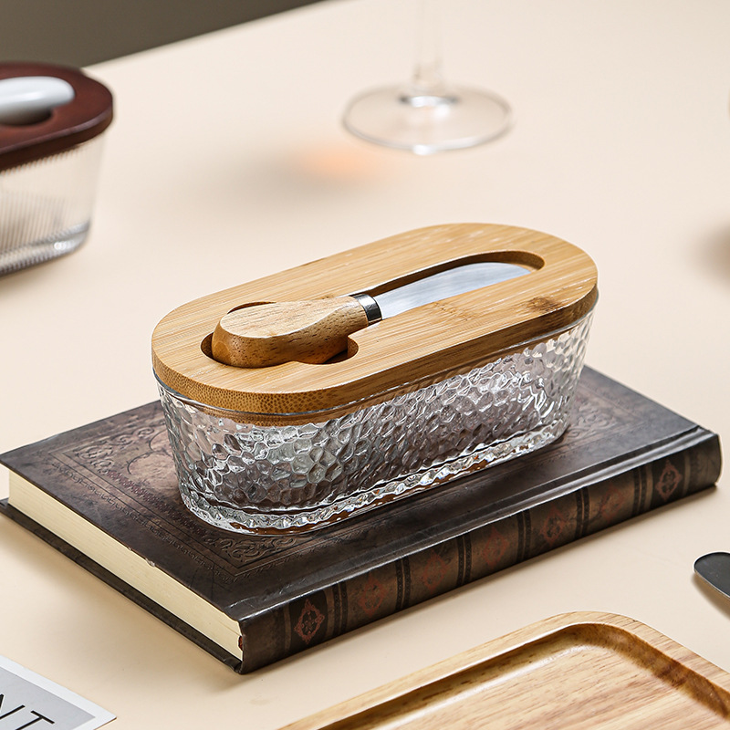 Brown - stripes Elegant Glass Butter Dish with Wooden Lid & Matching Spreader view 2