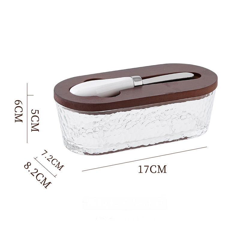 Brown - Hammer texture Elegant Glass Butter Dish with Wooden Lid & Matching