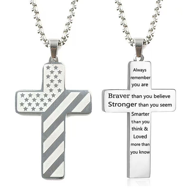 Silver Men's Textured Cross Necklace - Stainless Steel Pendant with