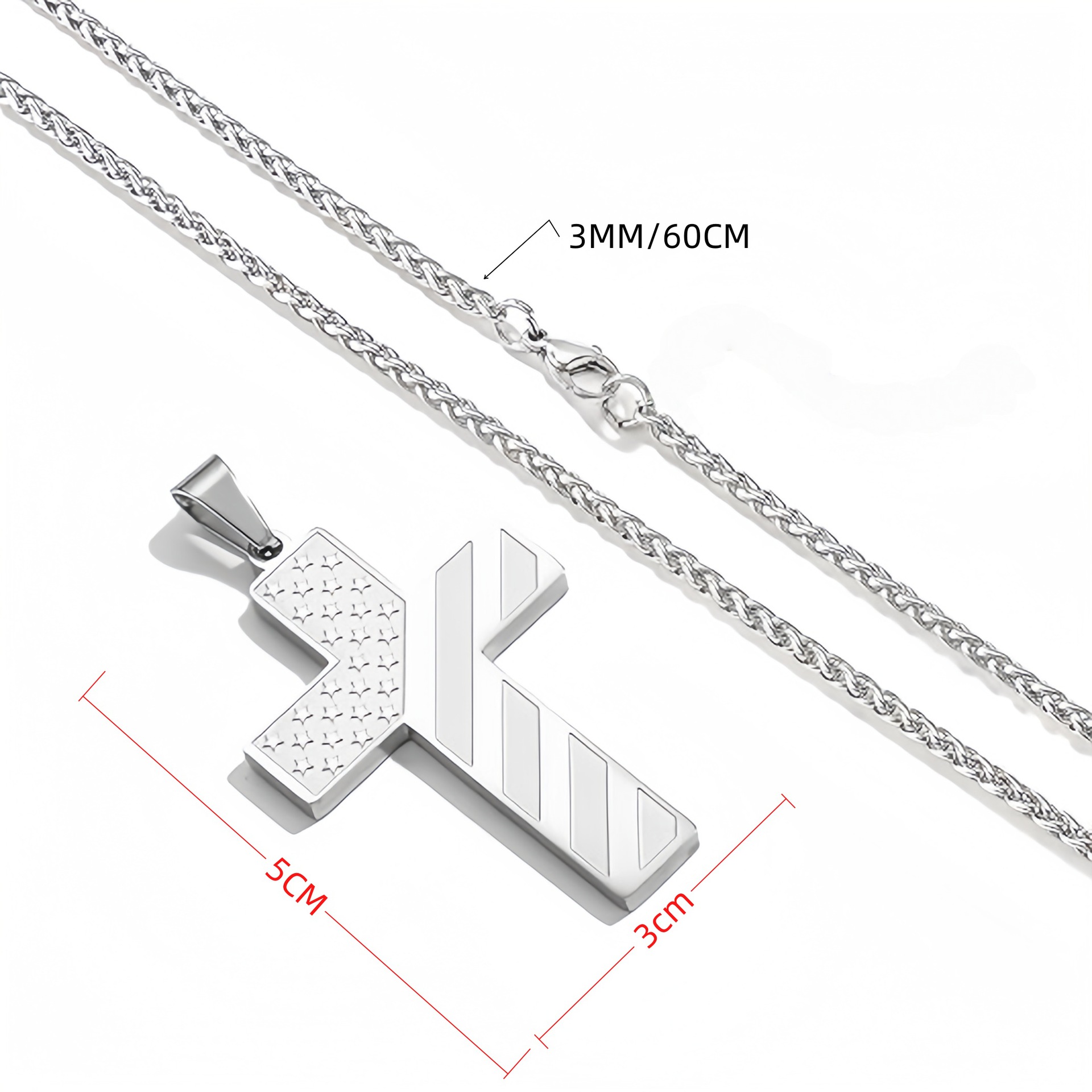 Silver Men's Textured Cross Necklace - Stainless Steel Pendant with view 3