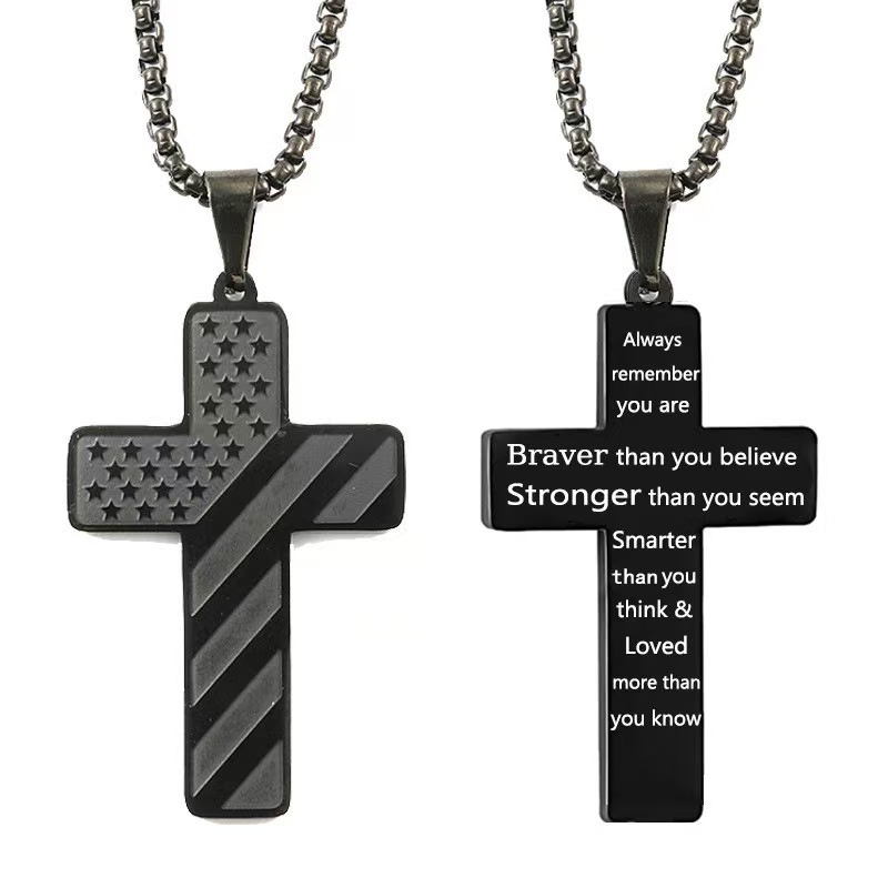 Black Men's Textured Cross Necklace - Stainless Steel Pendant with