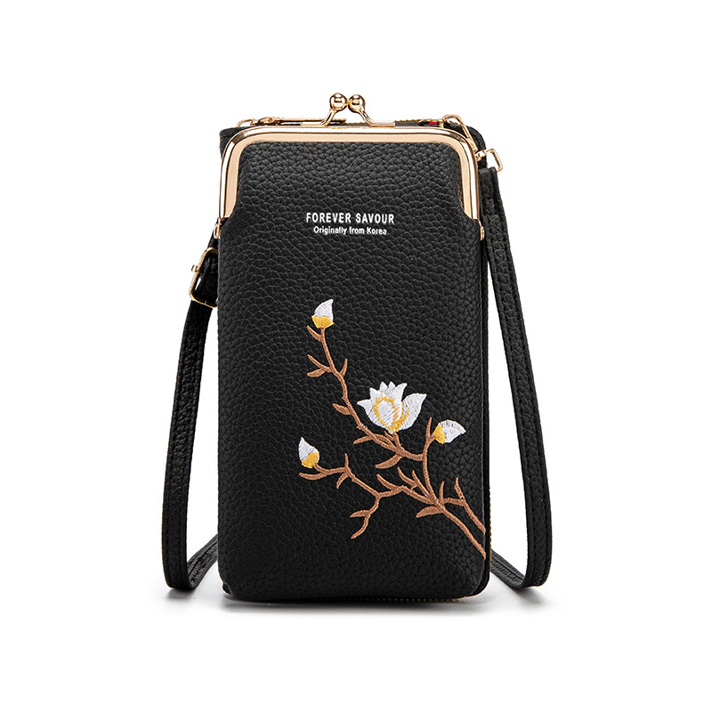 Black Chic Embroidered Crossbody Phone Wallet - All-in-One Purse with