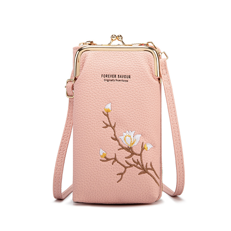 Pink Chic Embroidered Crossbody Phone Wallet - All-in-One Purse with Kiss-Lock