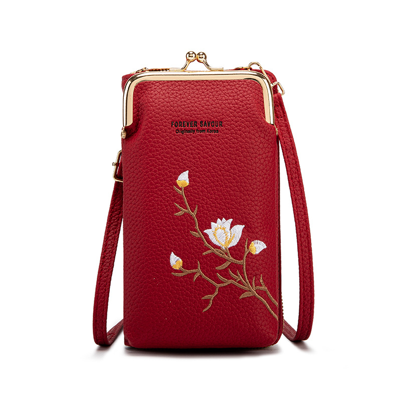 Red Chic Embroidered Crossbody Phone Wallet - All-in-One Purse with Kiss-Lock