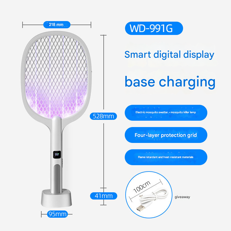 White Rechargeable 2-in-1 Bug Zapper Racket - Electric Fly Swatter & UV