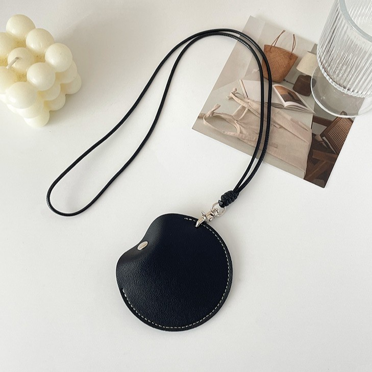 Black Stylish Leather Earbud Pouch with Lanyard - Portable & Compact Coin