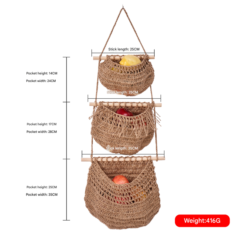 Three-layer hemp rope style Bohemian Hanging Fruit Basket – Wall-Mounted Woven