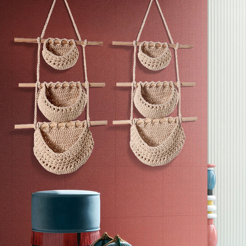 Three-layer hemp rope style Bohemian Hanging Fruit Basket – Wall-Mounted Woven view 4