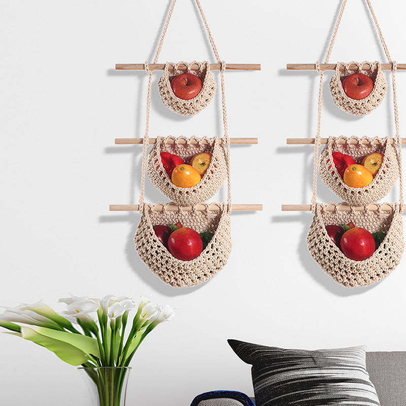 Single-layer cotton rope style Bohemian Hanging Fruit Basket – Wall-Mounted view 2