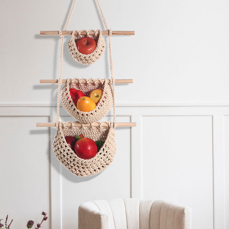Single-layer hemp rope style Bohemian Hanging Fruit Basket – Wall-Mounted view 3