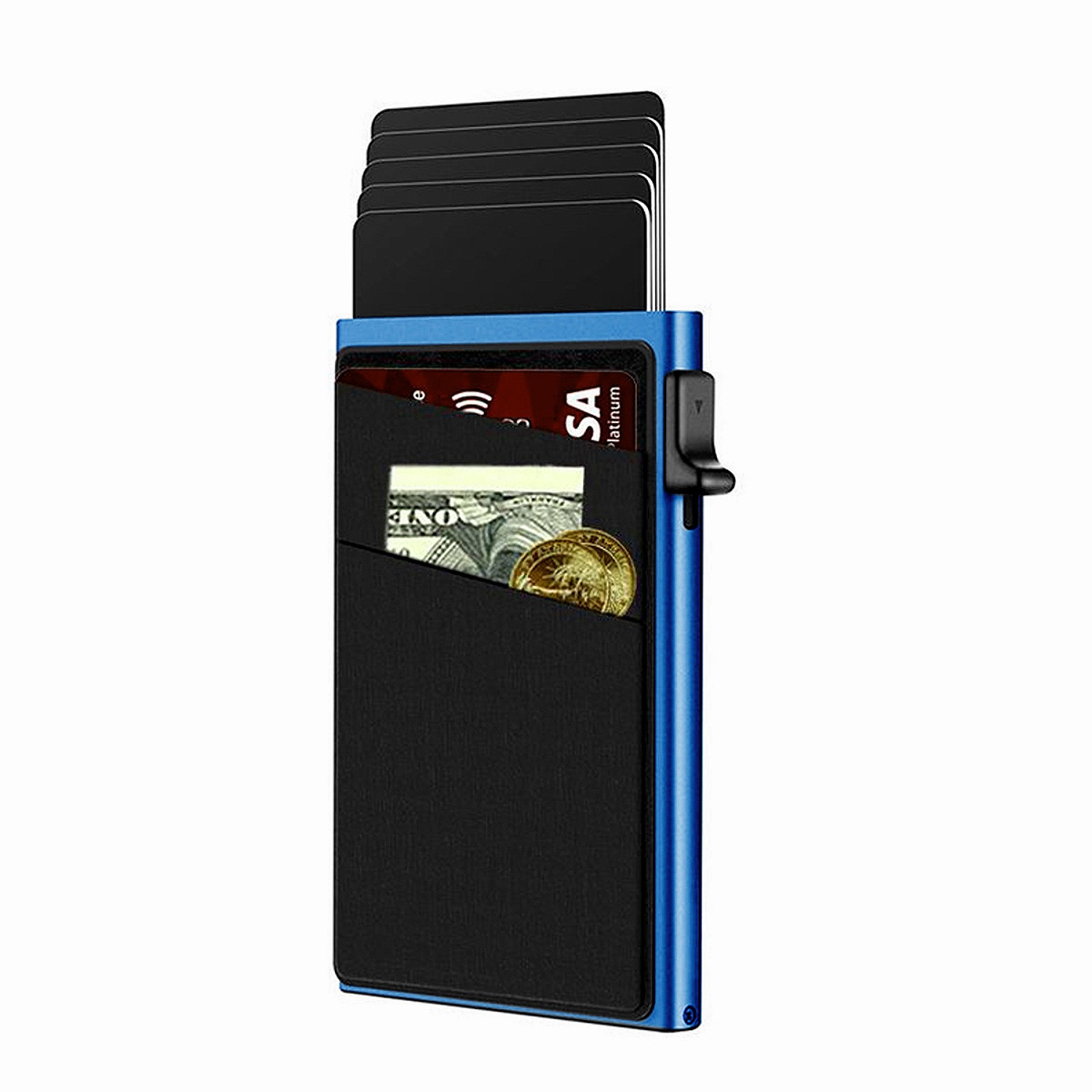 Blue Ultra-Slim RFID Blocking Pop-Up Wallet - Automatic Card Holder with Metal