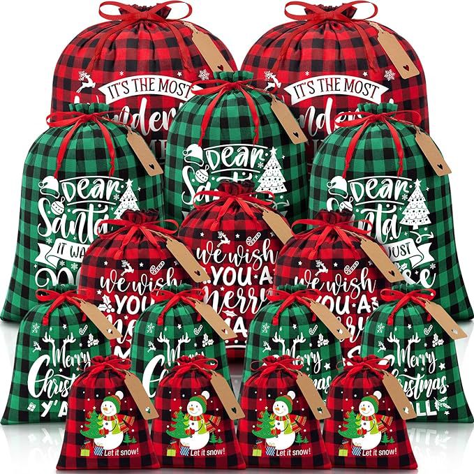 Black and white checkered Christmas Gift Drawstring Bags Set - Festive Burlap view 3