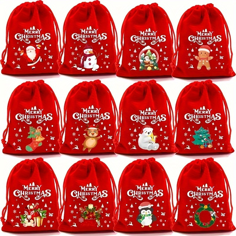 Red flannel Christmas Gift Drawstring Bags Set - Festive Burlap Style Pouches — image 1