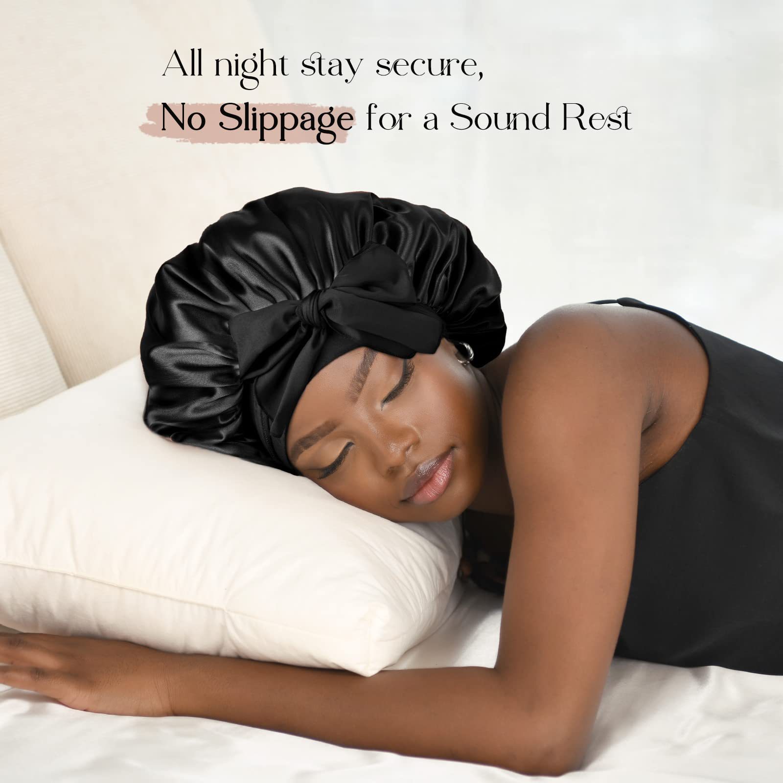 Coffee-colored Luxury Double Layer Satin Bonnet with Bow Tie - Large Hair view 2