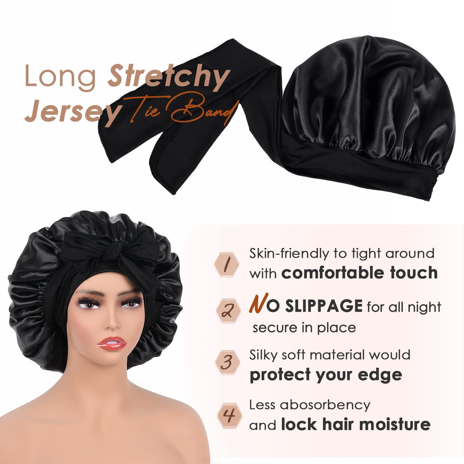 Coffee-colored Luxury Double Layer Satin Bonnet with Bow Tie - Large Hair view 3