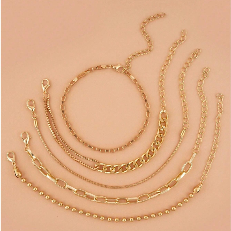 A golden six-piece set Chic Multi-Layered Alloy Bracelet Set - Fashionable view 3