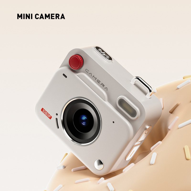 White Retro Mini Digital Camera Keychain - 48MP Portable Pocket Camcorder with