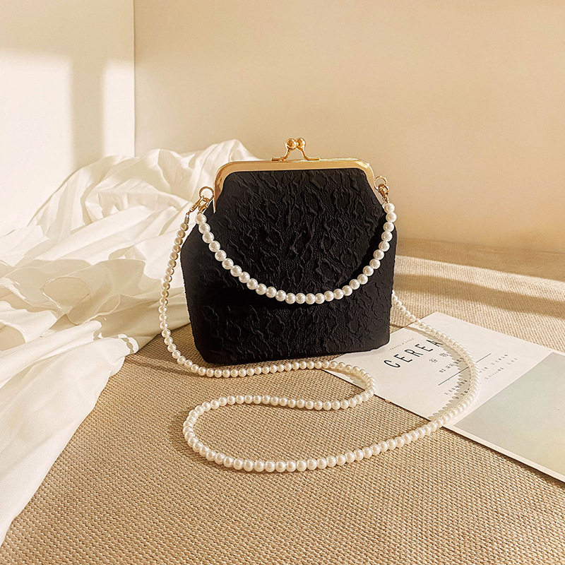 Black Elegant Vintage Kiss-Lock Purse with Pearl Straps - Textured Frame